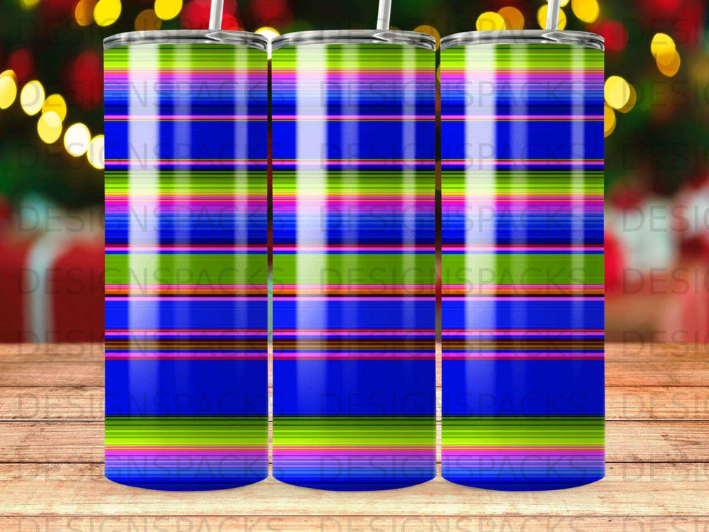 Three tumblers with a plaid pattern of blue, green, and pink stripes.