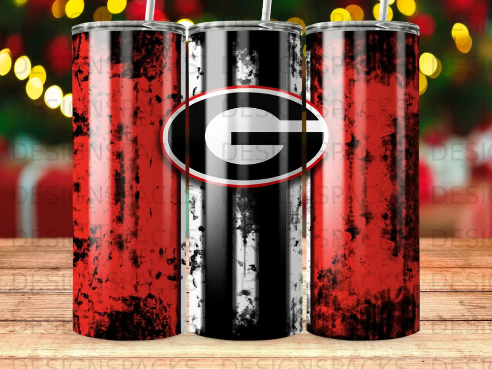 Distressed Georgia Bulldogs "G" logo on a black and red striped tumbler.