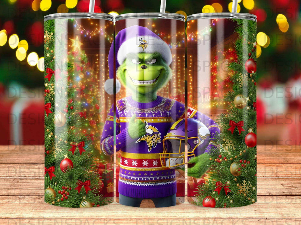 The Grinch in a Minnesota Vikings sweater holding a helmet.