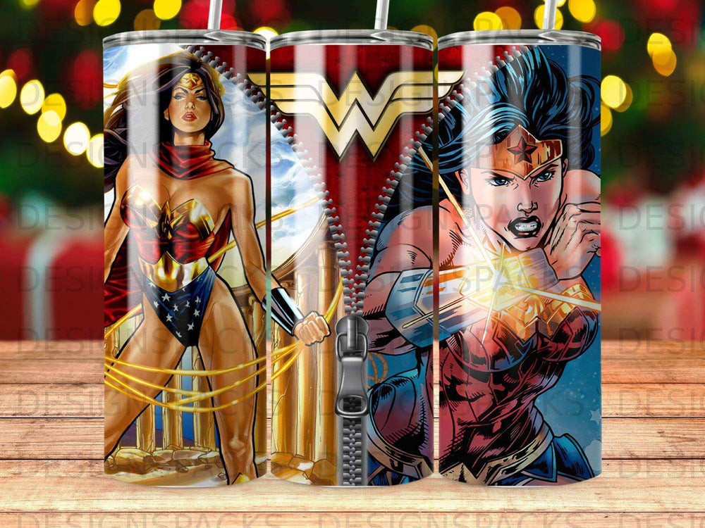 Wonder Woman illustration on a metal tumbler with zipper detail.