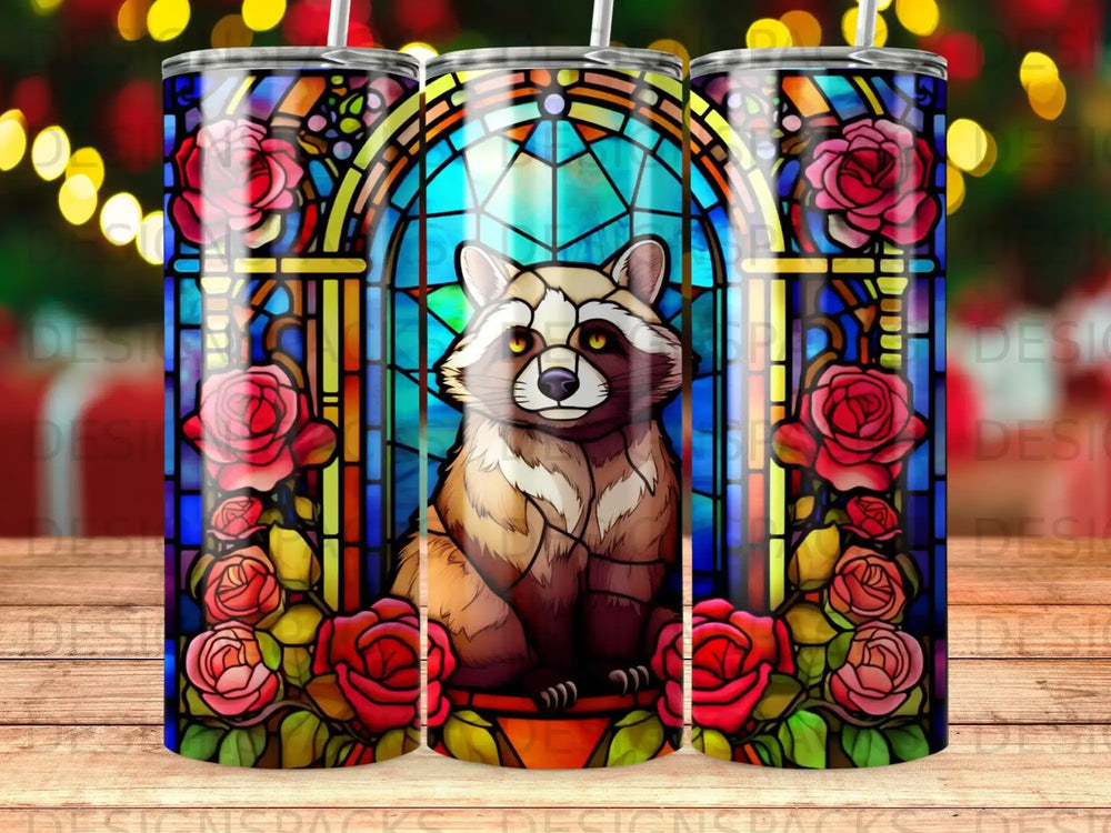 Stained glass window featuring a raccoon surrounded by roses.