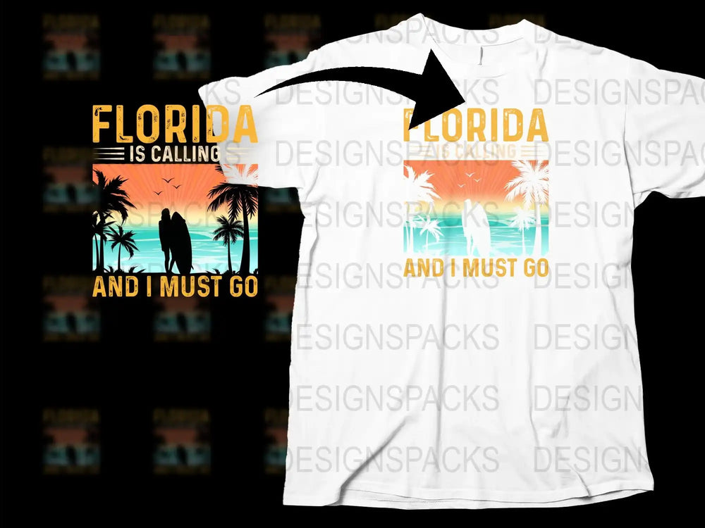 Florida is Calling T-Shirt, Tropical Sunset Palm Tree Graphic Tee, Orange and Black Beach Shirt