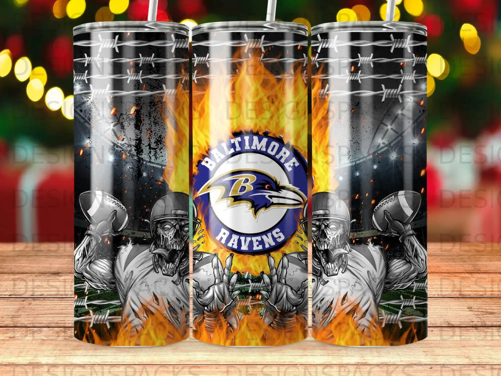 Baltimore Ravens themed tumbler with flaming barbed wire and football player graphics.