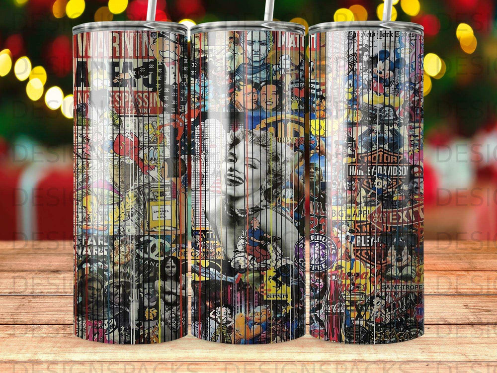 Collage of pop culture icons including Marilyn Monroe, Disney characters, and logos on a tumbler.