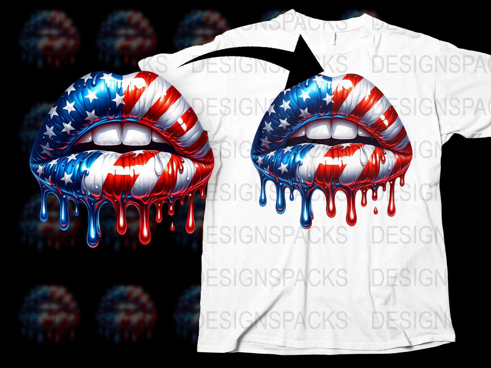 American Flag Lips T-Shirt, Patriotic Dripping Lip Graphic Tee, USA Independence Day Apparel, Unisex Fashion Top