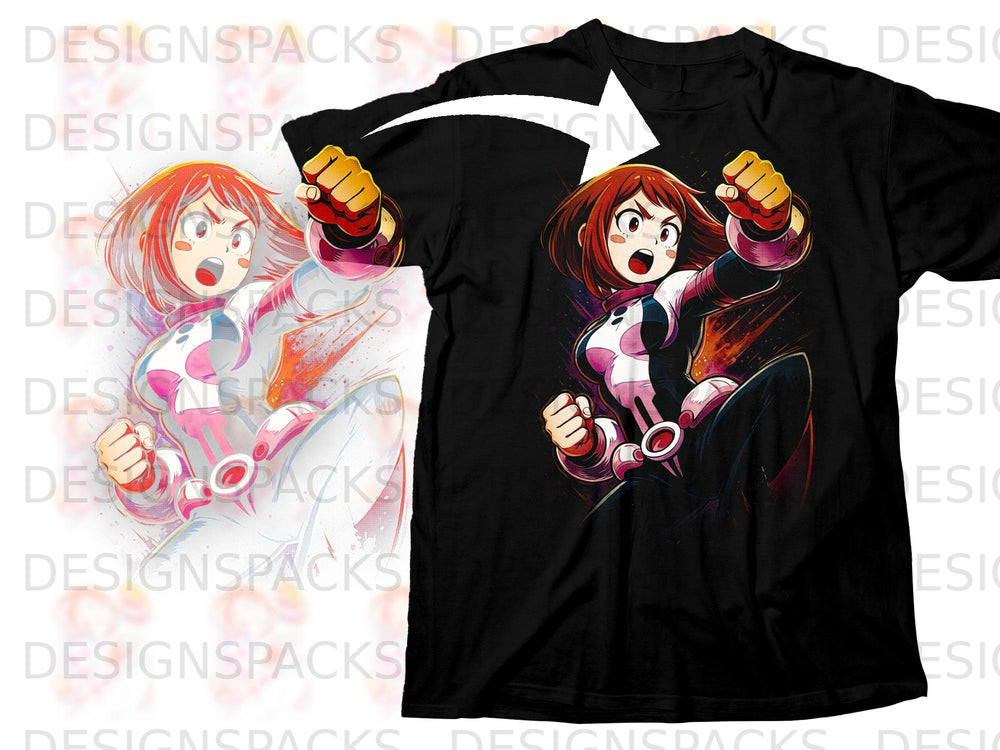 Black t-shirt featuring anime character Ochaco Uraraka in action pose.