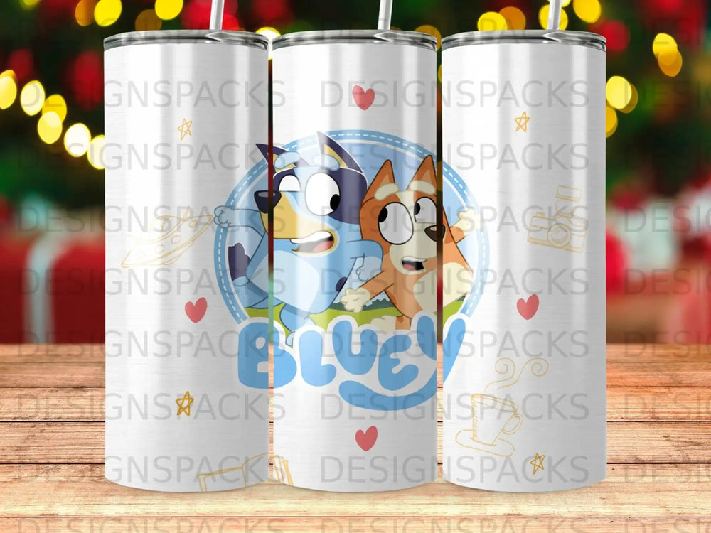 Bluey and Bingo characters on a white tumbler with a repeating pattern of hearts and stars.
