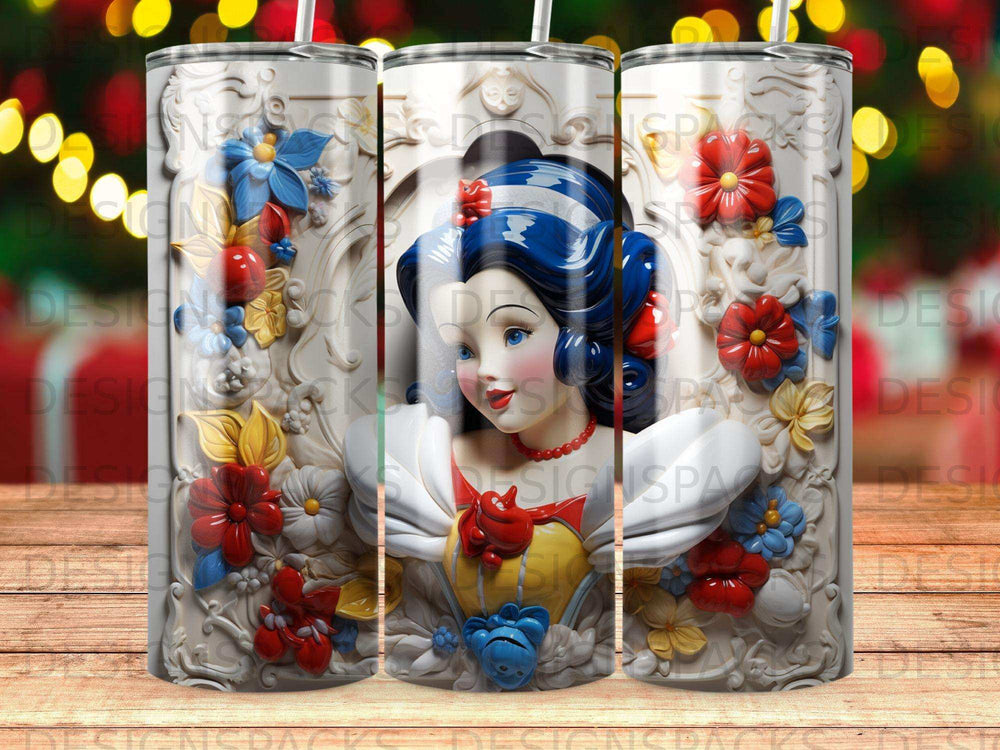 Snow White with blue ribbon and red flowers on a white tumbler.