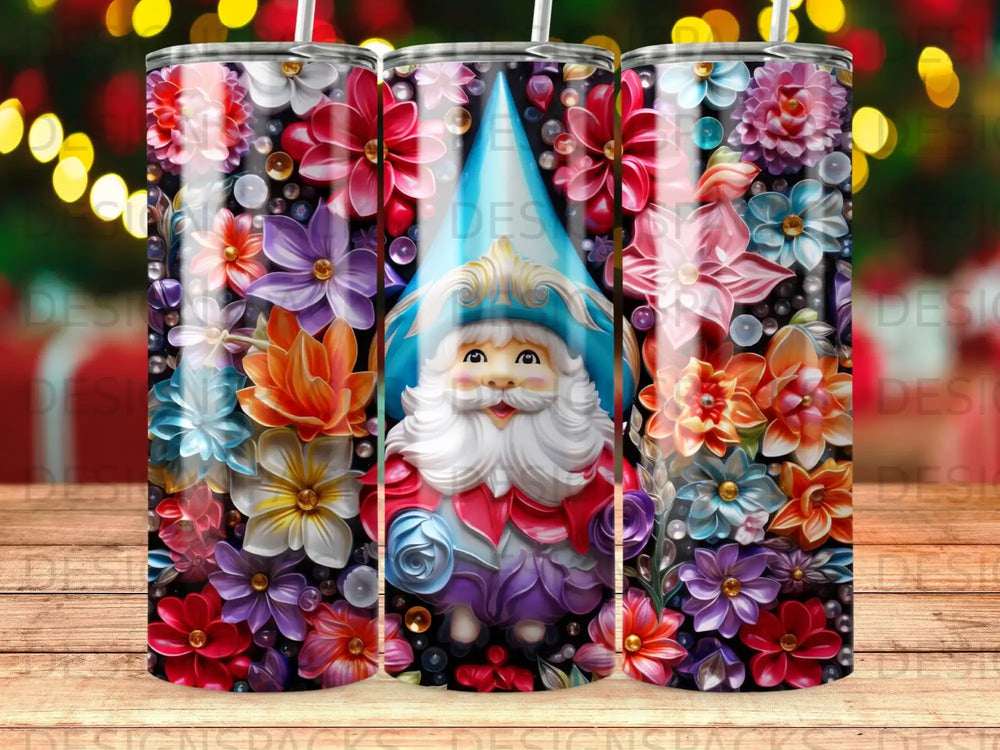 Gnome with vibrant floral pattern tumbler cup.