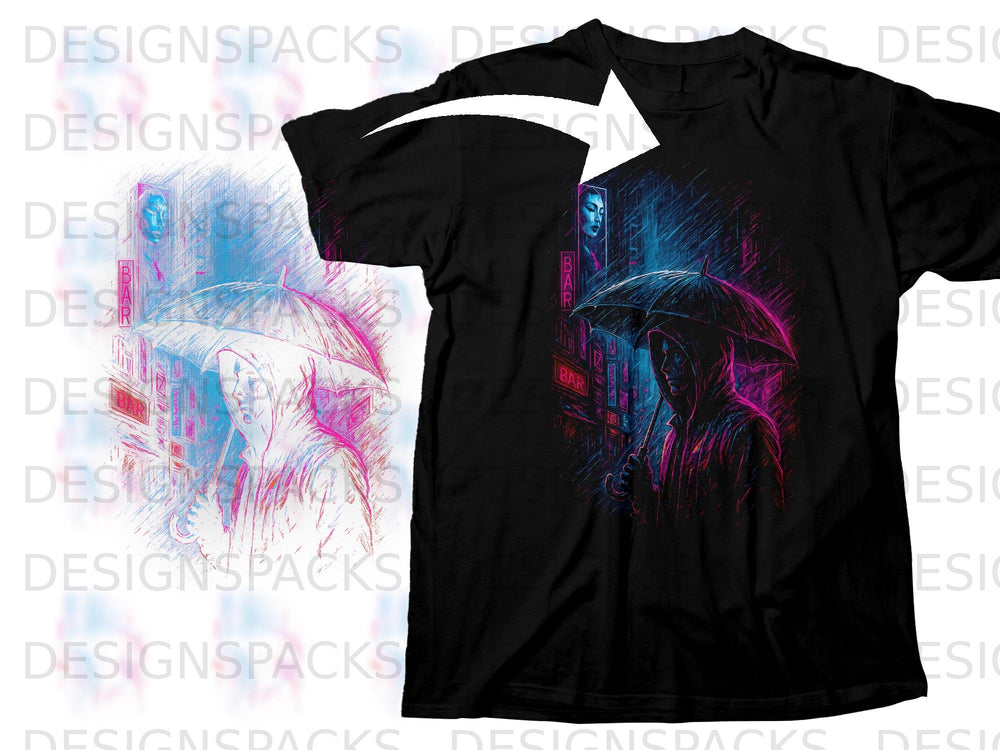 Black t-shirt with a neon cyberpunk graphic of a person holding an umbrella.