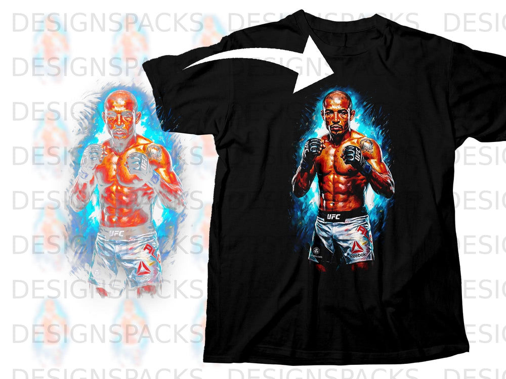 Black t-shirt featuring a graphic of a UFC fighter with blue and orange energy effects.