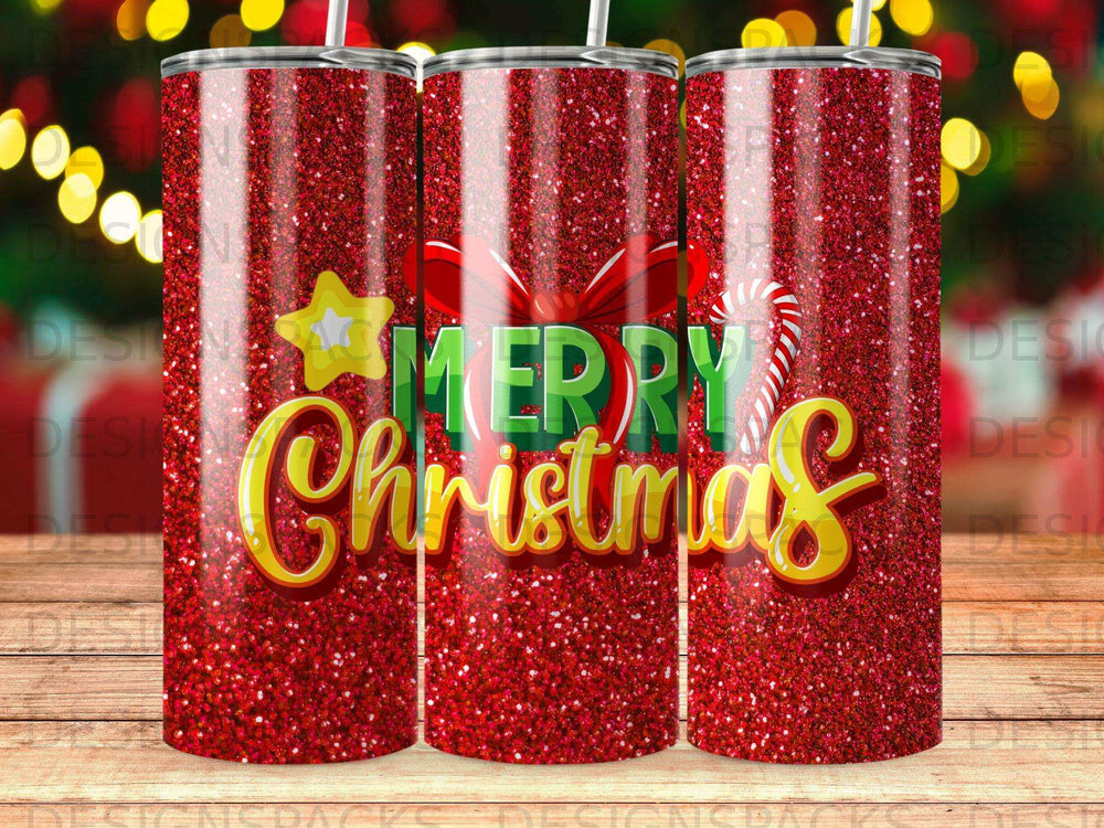 Red glitter tumbler with "Merry Christmas" text, star, and candy cane.