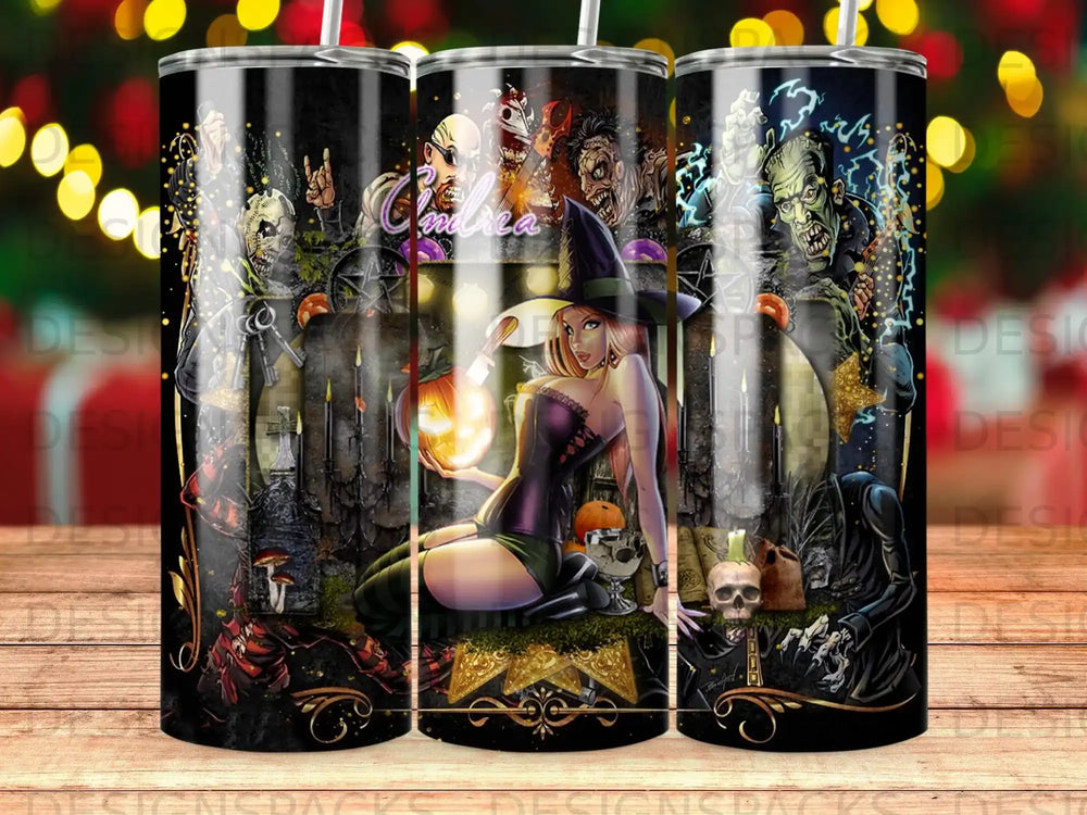 Halloween tumbler featuring a witch holding a glowing pumpkin with spooky characters.