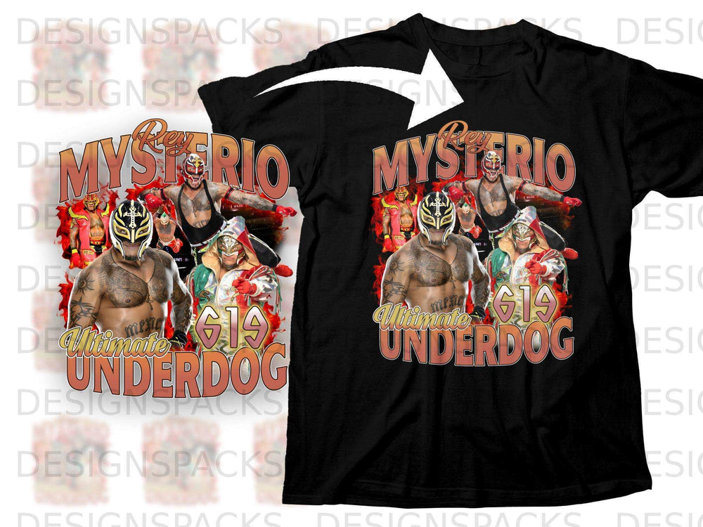 Rey Mysterio "Ultimate Underdog" graphic t-shirt design with multiple images.