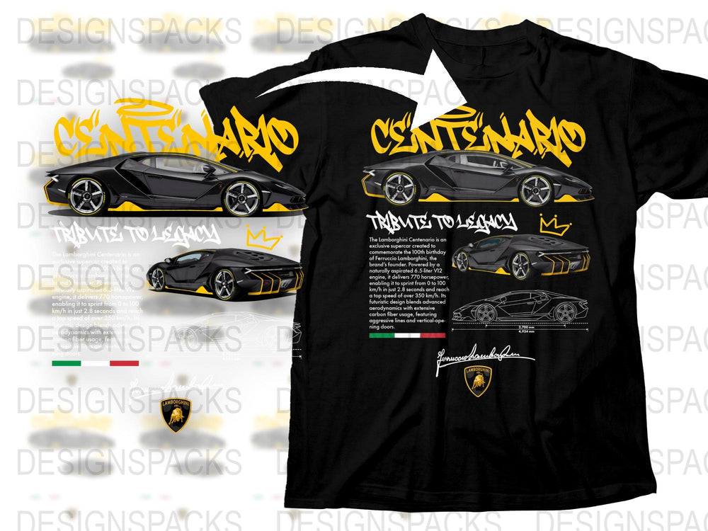 Lamborghini Centenario Tribute T-Shirt, Exclusive Automotive Fan Apparel, Black and Yellow Design, Car Enthusiast Gift