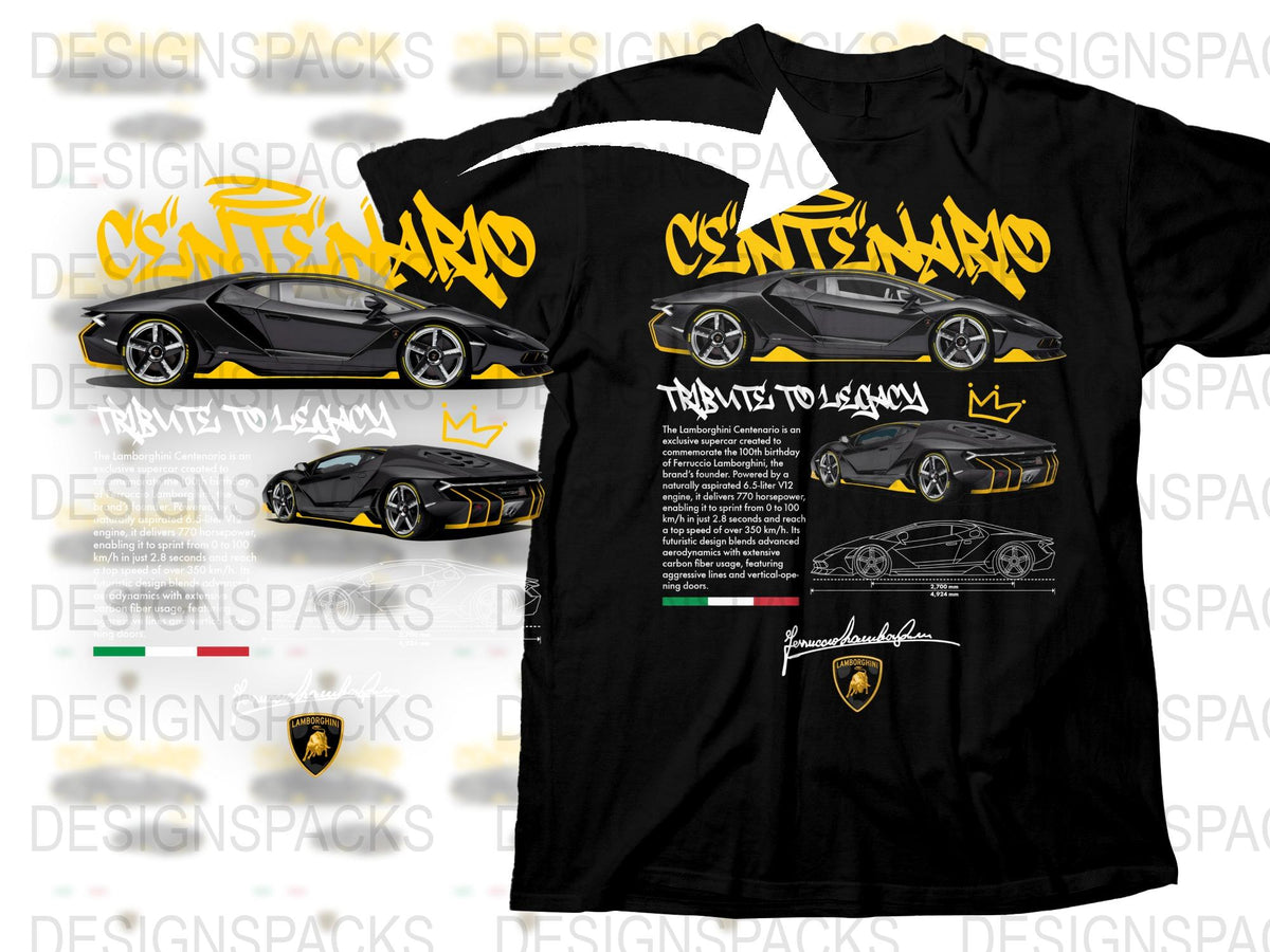 Lamborghini Centenario Tribute T-Shirt, Exclusive Automotive Fan Apparel, Black and Yellow Design, Car Enthusiast Gift