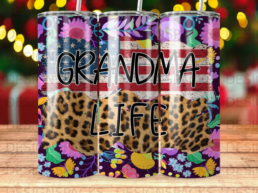 Grandma Life tumbler with US flag, floral, and leopard print designs.