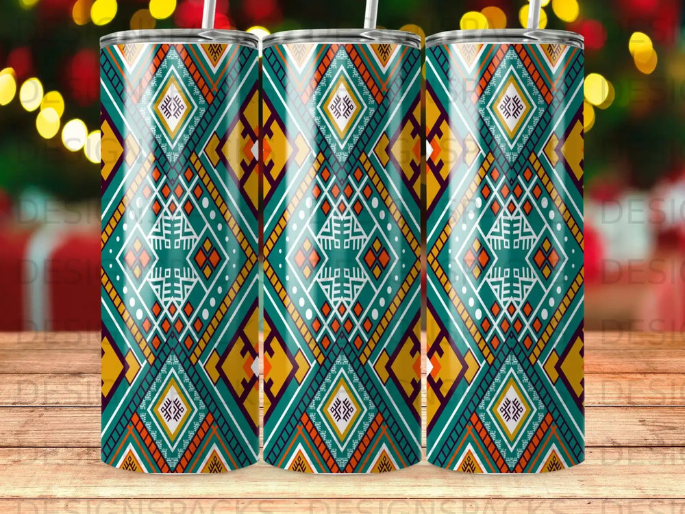 Three tumblers with geometric Aztec-inspired patterns in green, yellow, orange, and white.