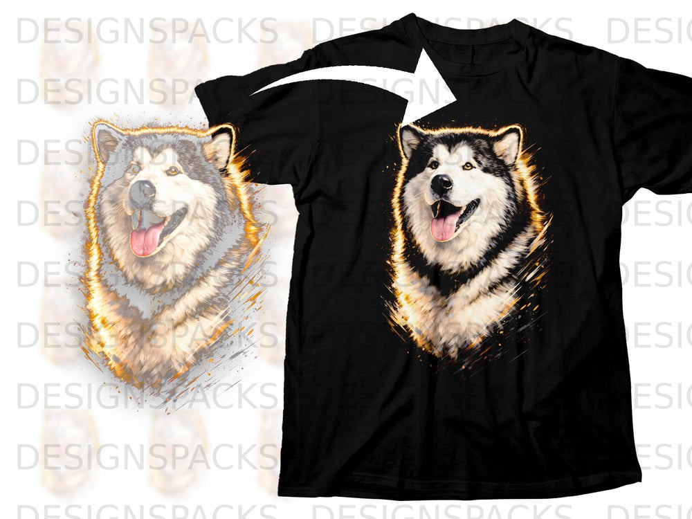Black t-shirt featuring a vibrant portrait of a happy Alaskan Malamute dog with a fiery glow.