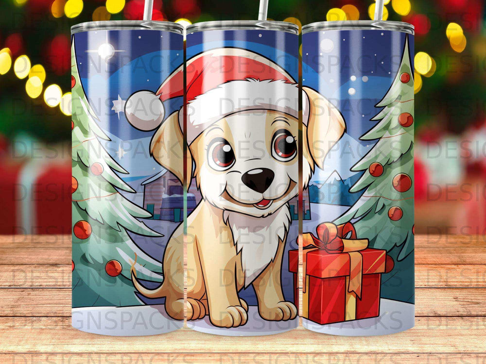 Chihuahua wearing Santa hat with Christmas tree and gift.