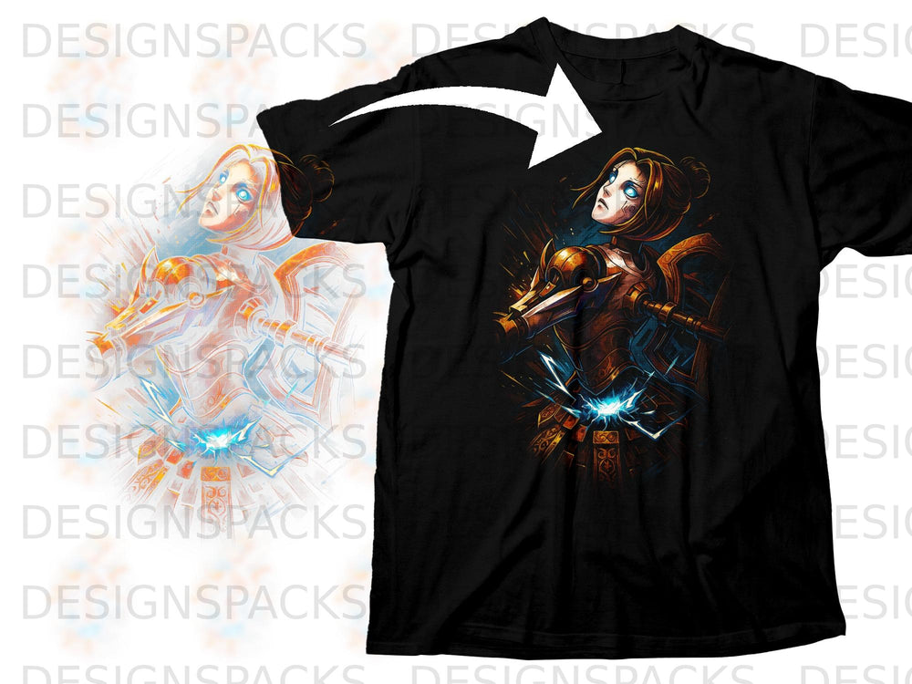 Black t-shirt with a graphic of a warrior woman with glowing blue eyes and armor.