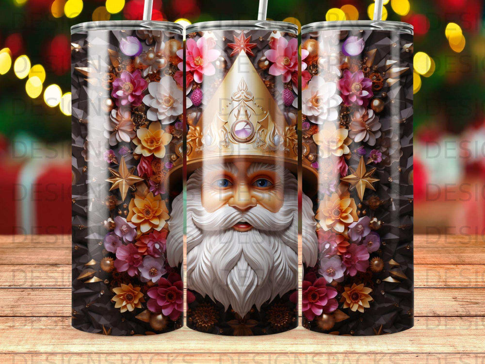 Santa Claus with floral wreath and gold crown on patterned tumbler.