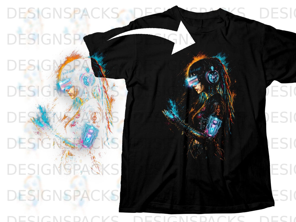 Black t-shirt featuring a vibrant cyberpunk anime-style woman with VR headset and headphones.