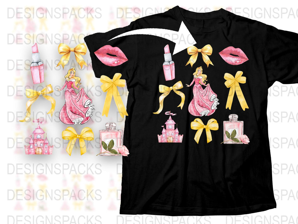 Women's Princess Graphic T-Shirt, Pink Castle and Lipstick Prints, Fashionable Casual Wear Black Tee