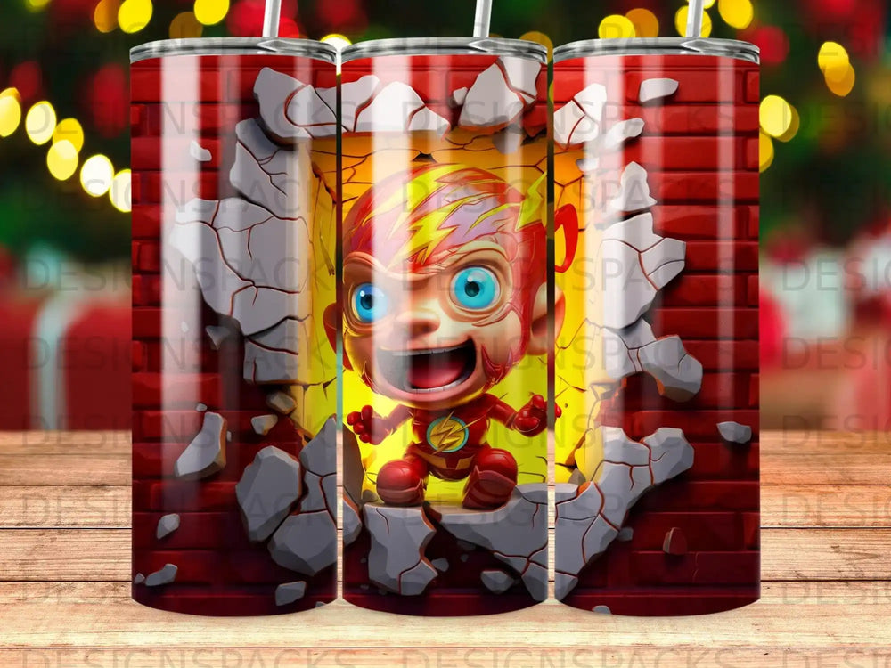 The Flash superhero bursting through a brick wall, cartoon style.