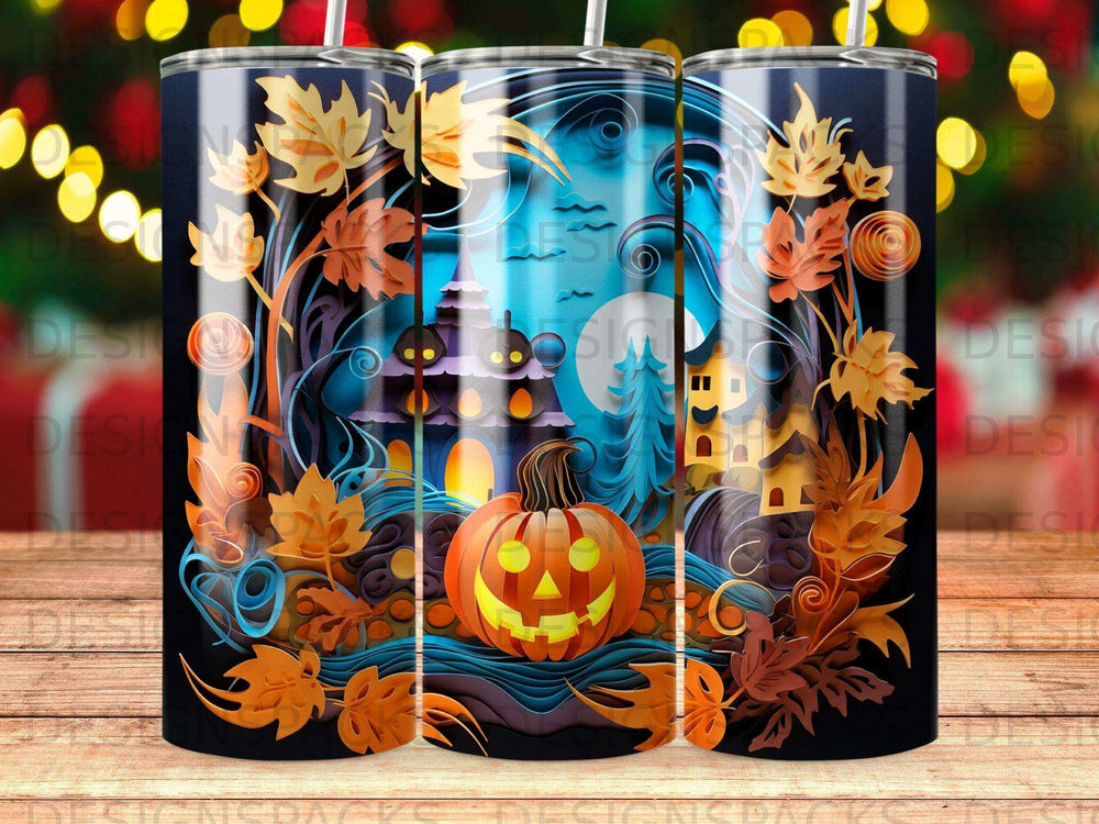 Halloween tumbler with jack-o'-lantern, haunted house, and autumn leaves.