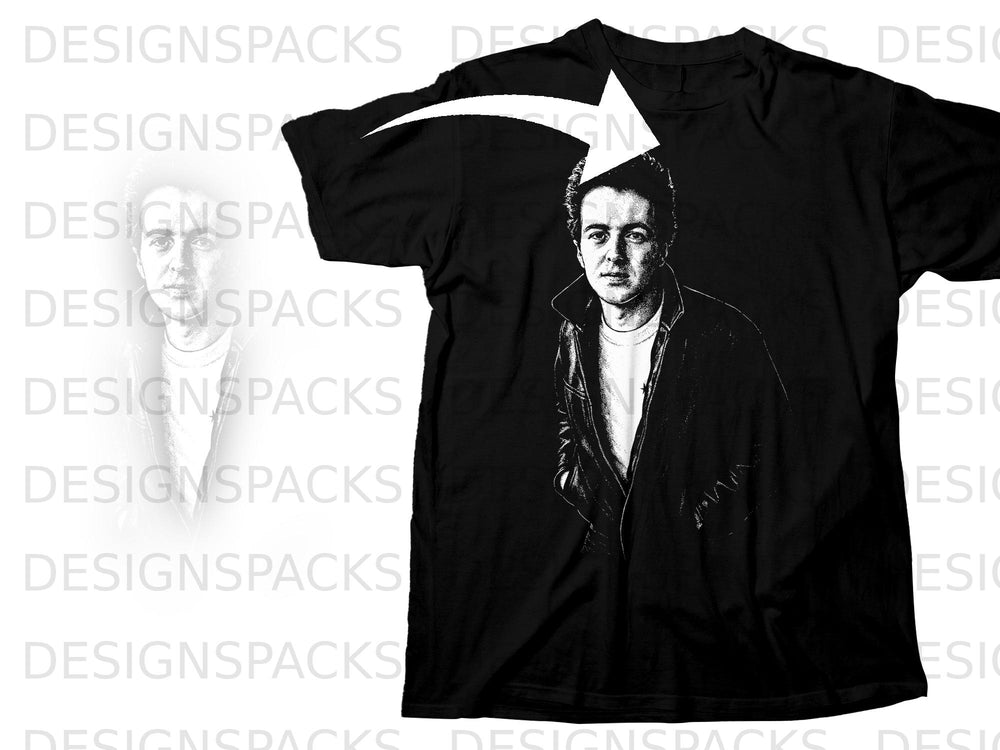 Black t-shirt with a black and white portrait of Joe Strummer wearing a leather jacket.