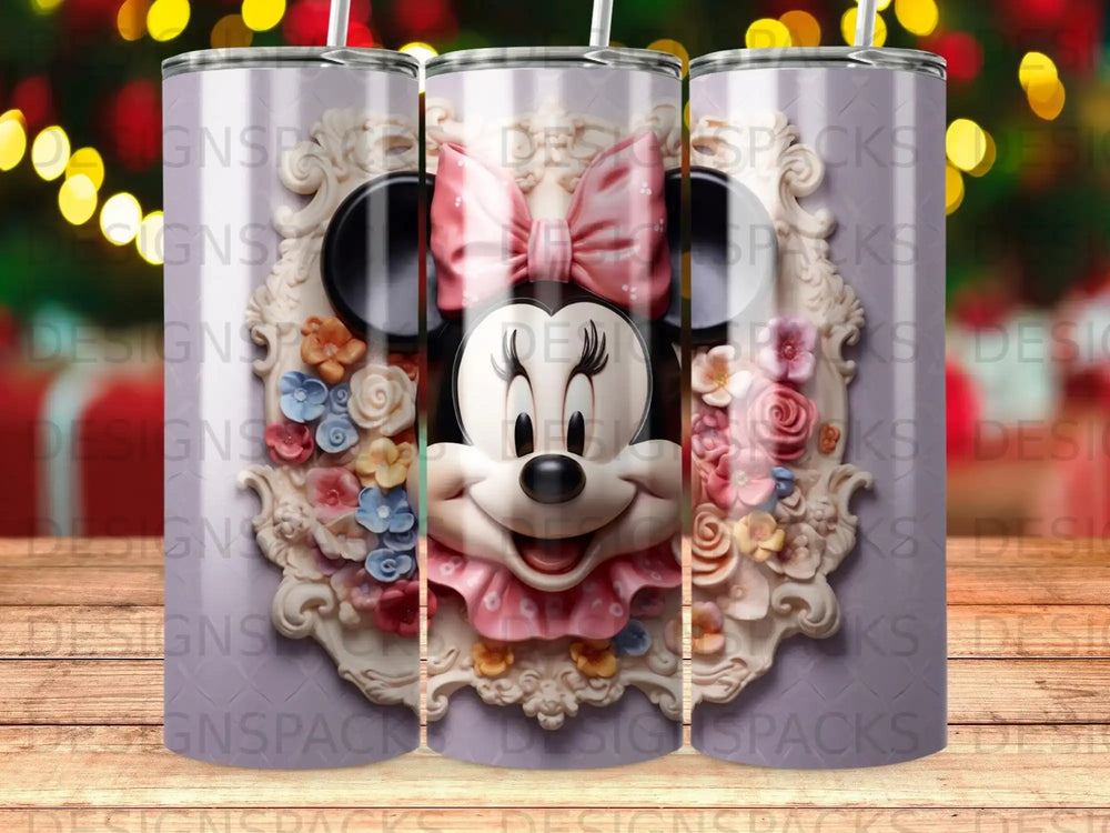 Minnie Mouse in a pink bow and dress surrounded by flowers, 30 oz tumbler.