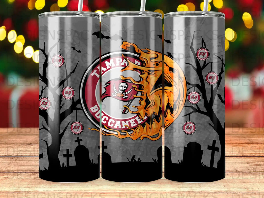 Tampa Bay Buccaneers logo with spooky graveyard and trees background.