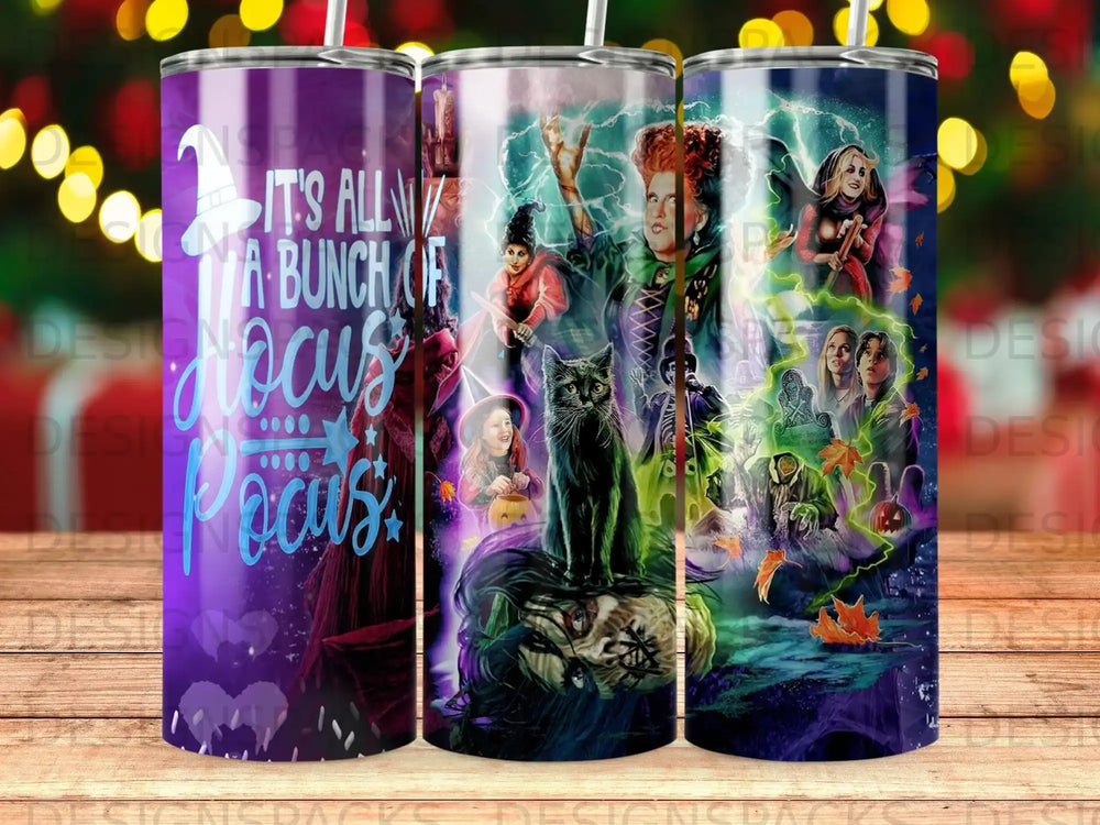 Hocus Pocus movie characters with black cat on a colorful, spooky background.