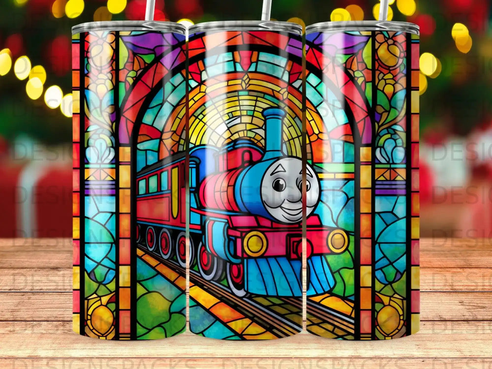 Stained glass tumbler design featuring a smiling cartoon train.