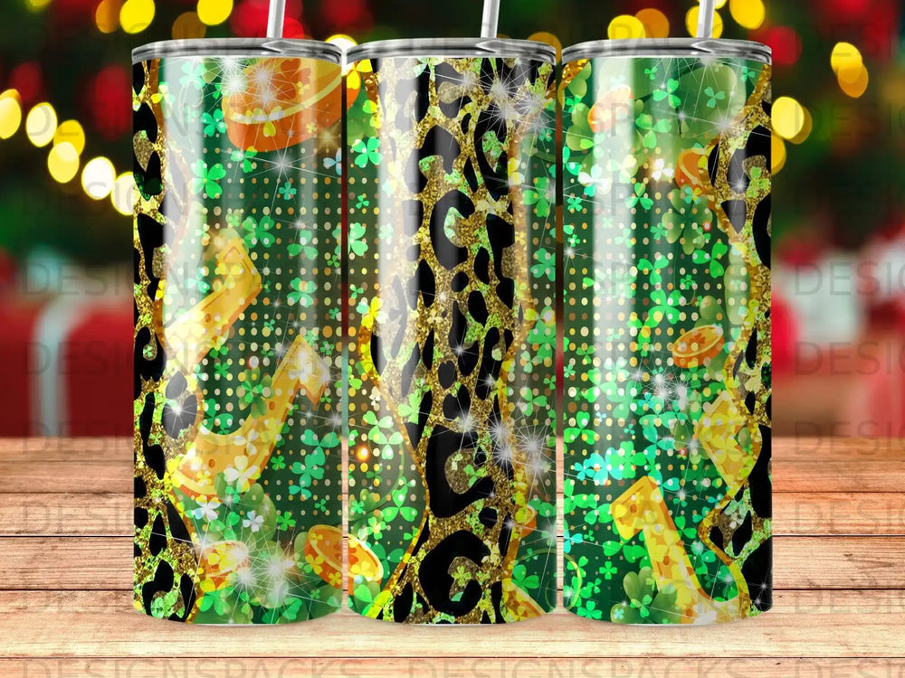 Glittery gold leopard print and shamrocks on a tumbler.