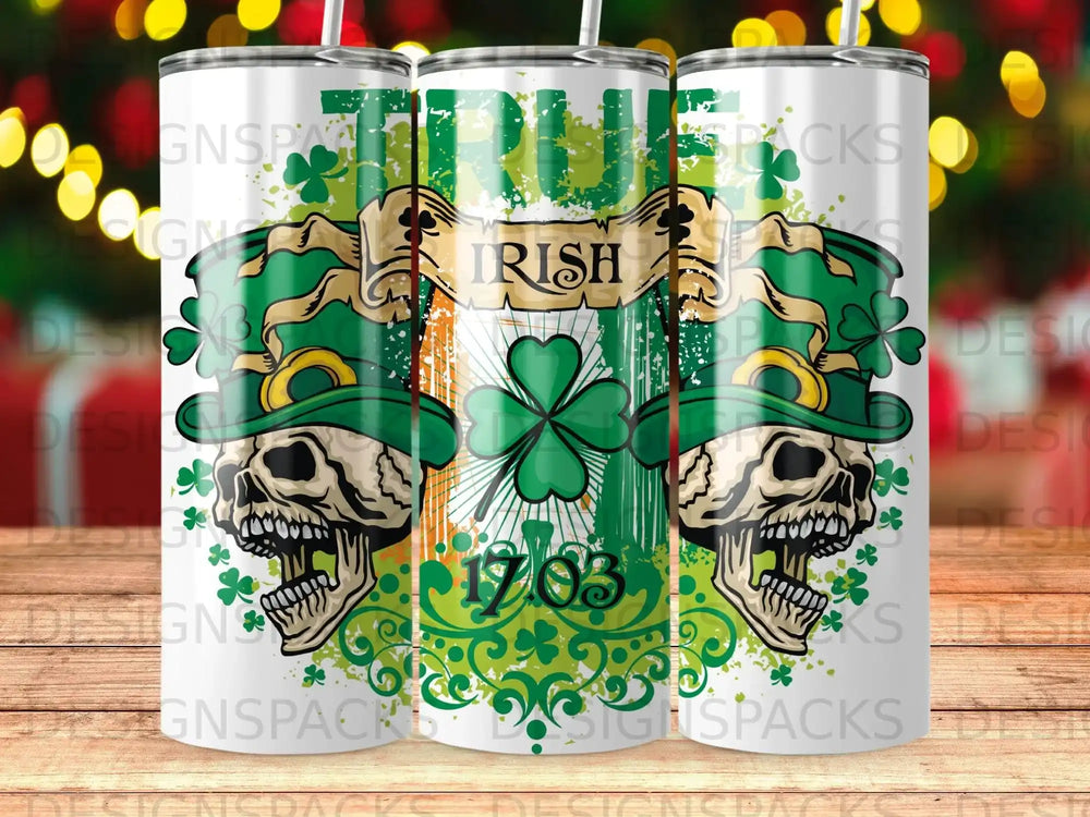 Two skulls with shamrocks and "IRISH 1703" text on a tumbler.