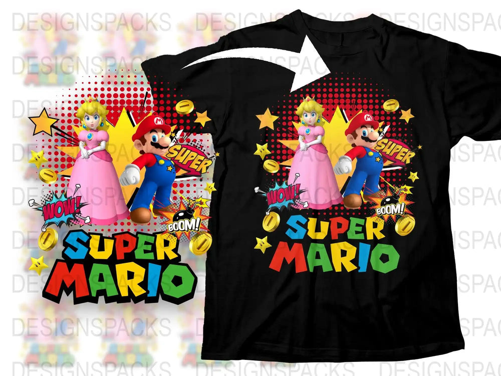Super Mario and Princess Peach Graphic T-Shirt, Retro Video Game Tee, Colorful Pop Art Style, Unisex Fashion Shirt