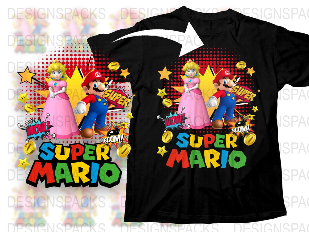 Super Mario and Princess Peach Graphic T-Shirt, Retro Video Game Tee, Colorful Pop Art Style, Unisex Fashion Shirt