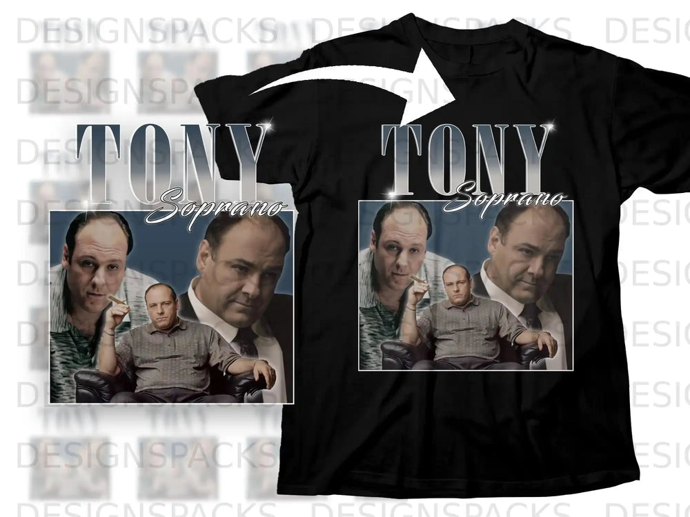 Black t-shirt with collage featuring Tony Soprano and "TONY SOPRANO" text.