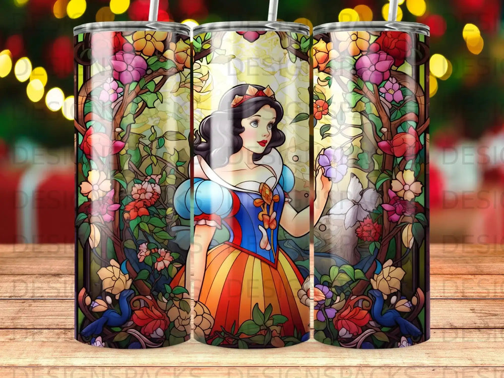 Snow White in a stained-glass style with colorful flowers and birds.