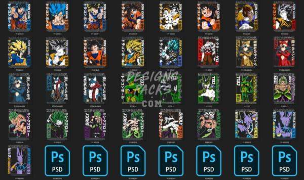 Dragon Ball Z character designs for DTF/DTG printing, embroidery, and tumbler wraps in PSD format