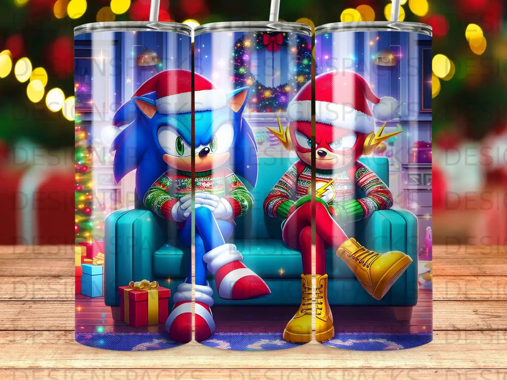 Sonic and Flash wearing Christmas sweaters, sitting on a blue couch.