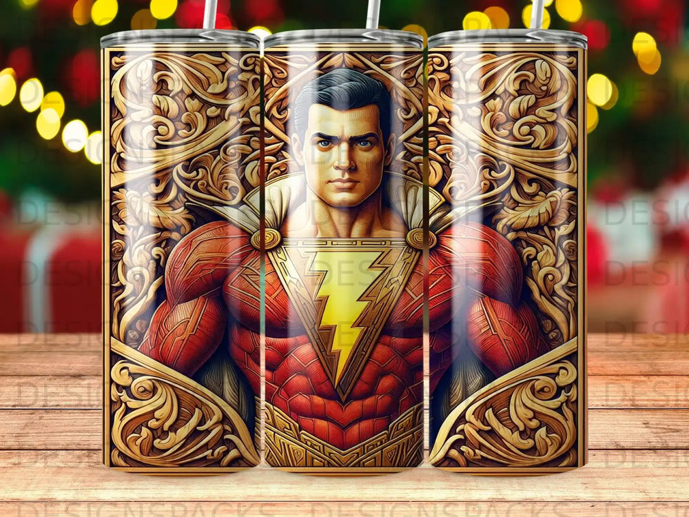 Shazam superhero in golden ornate frame on a tumbler.