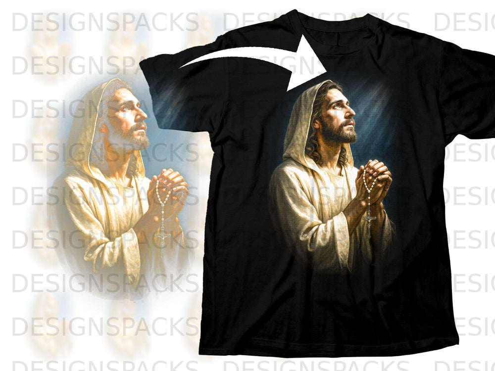Black t-shirt with Jesus praying, holding a rosary.