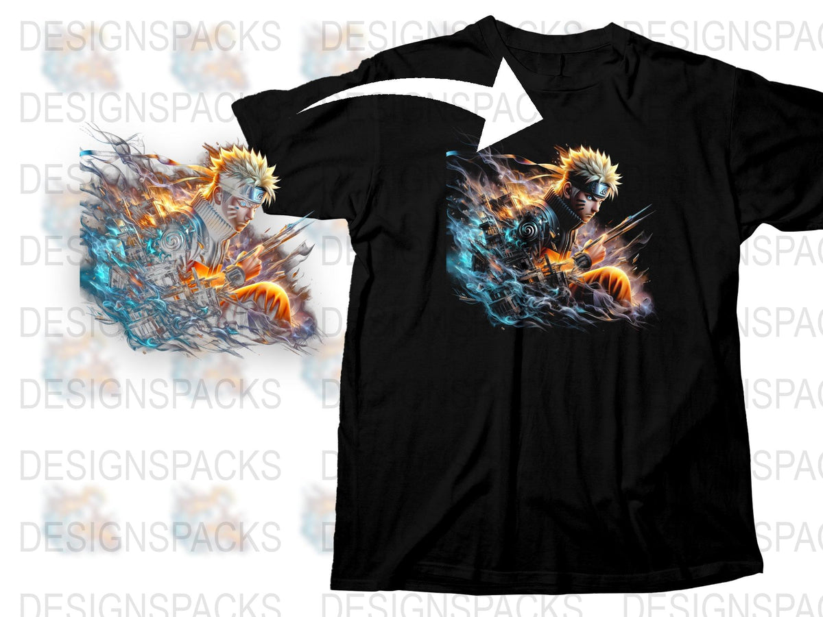 Anime Ninja Warrior Graphic T-Shirt, Colorful Fire Design, Unisex Casual Tee, Cool Japanese Style Top