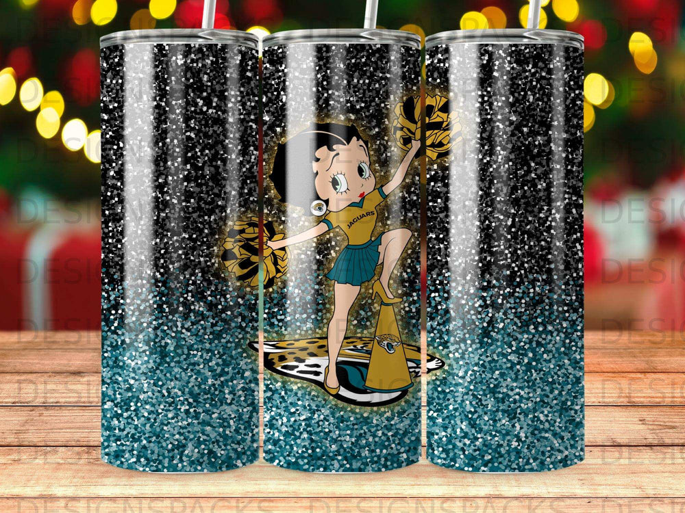 Betty Boop as a Jacksonville Jaguars cheerleader with pom-poms.