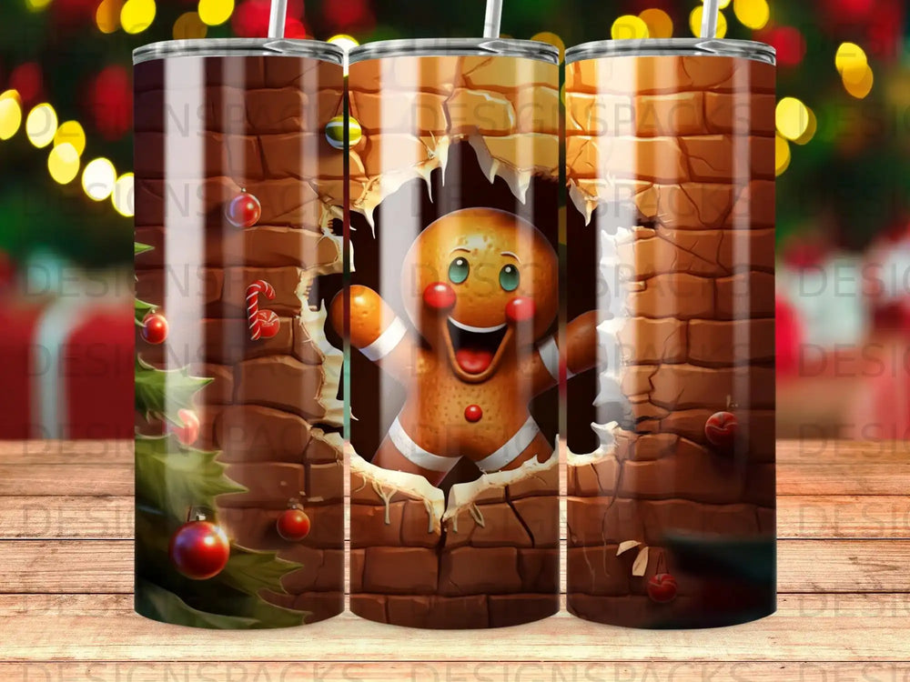 Gingerbread man peeking through a brick wall, holding a candy cane.