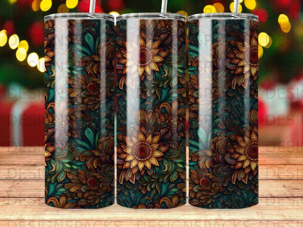 Floral tumbler with yellow, green, and teal patterned design.