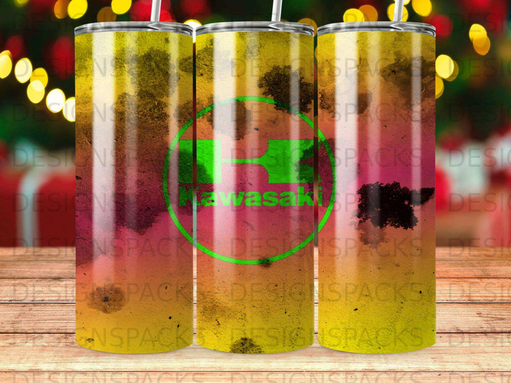 Tumbler with Kawasaki logo on a colorful, abstract background.